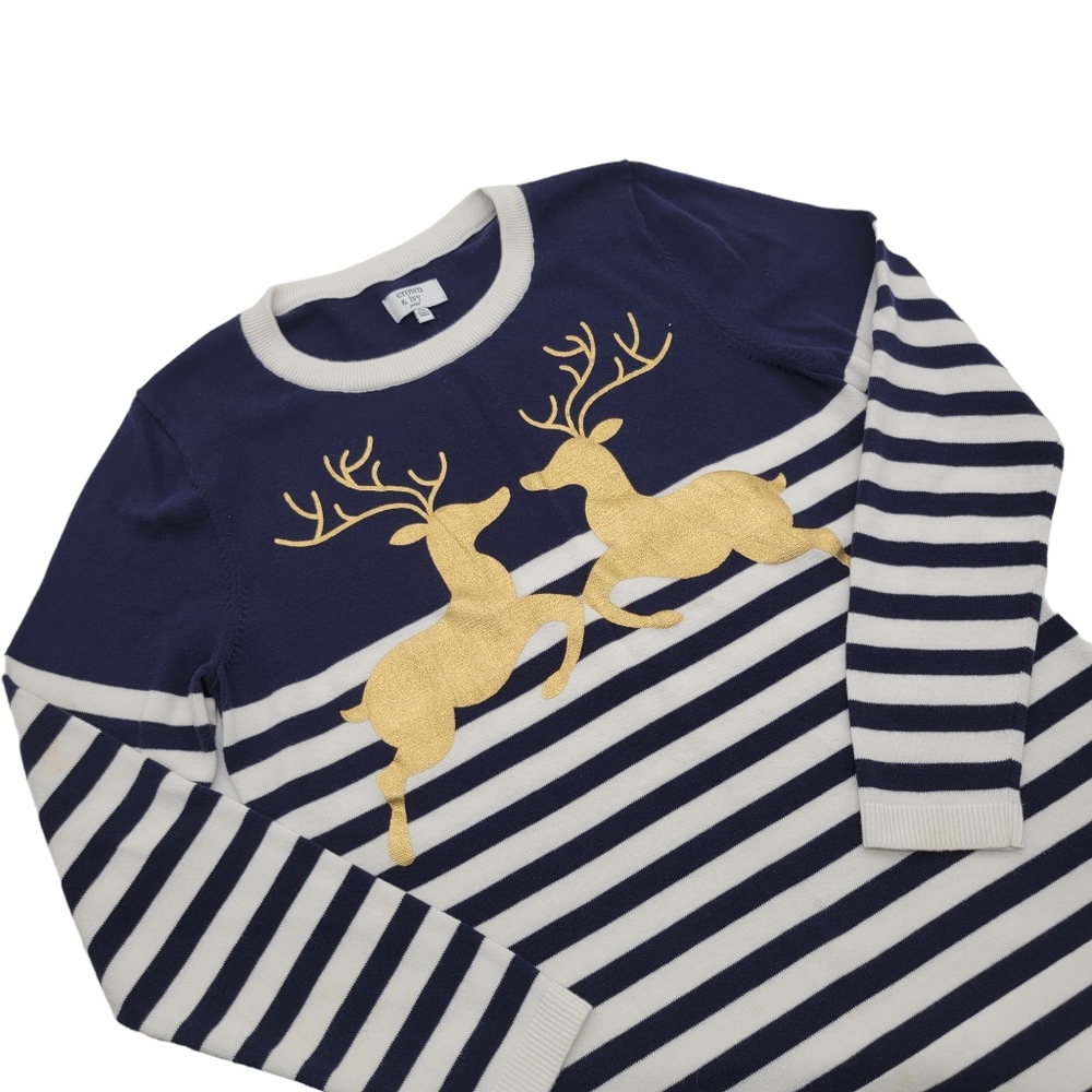 Crown & Ivy Navy Striped w/Golden‎ Reindeers Christmas Sweater Sz PM